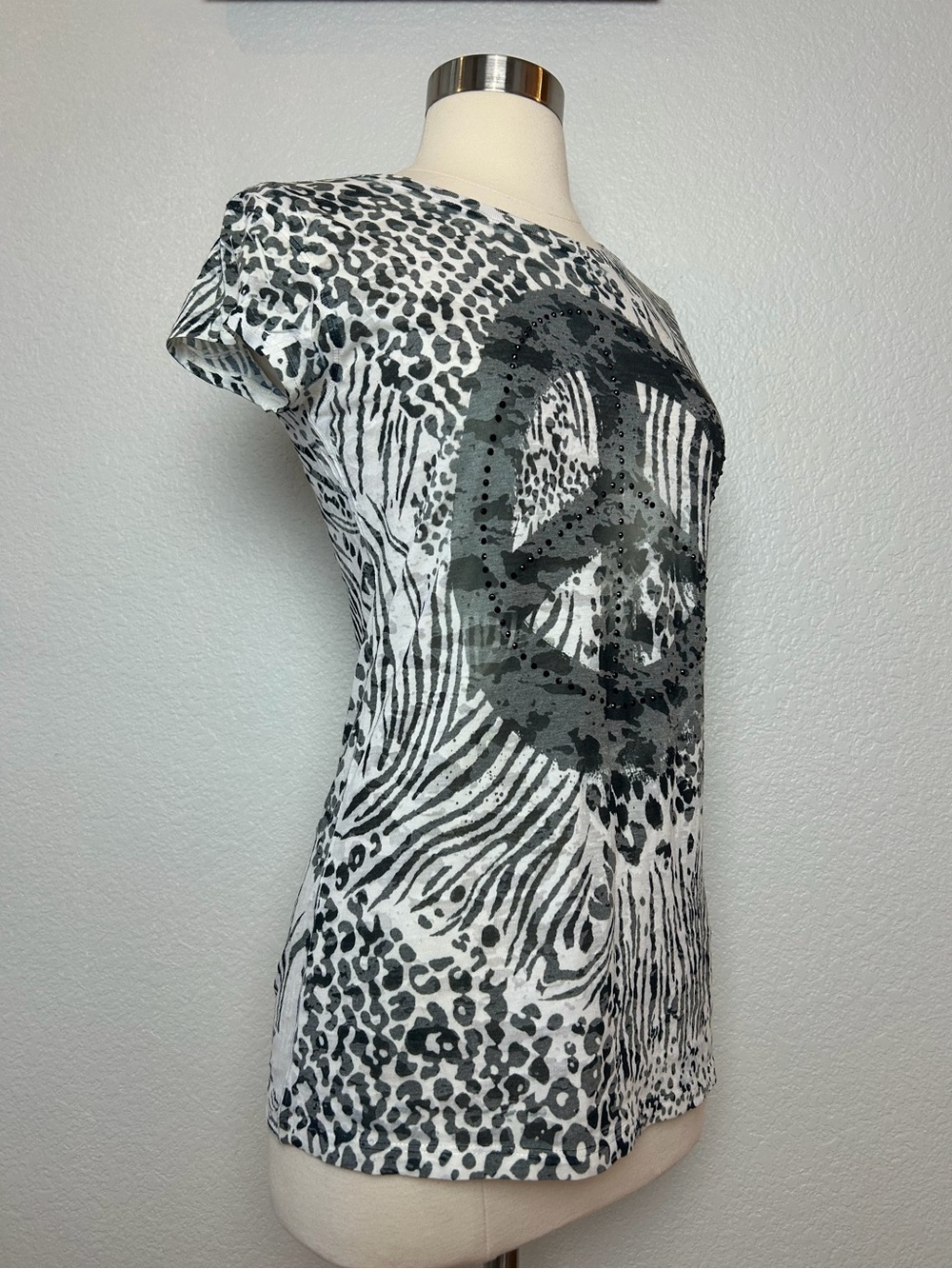 Cache Burn Out Tee Top Women's M Stretch White Black Peace Sign Animal Print - Picture 2 of 7